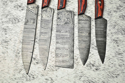 Lot of 5 Handmade Damascus Hammered Full Tang Chef Knives – Hardwood Set