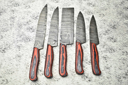 Lot of 5 Handmade Damascus Hammered Full Tang Chef Knives – Hardwood Set