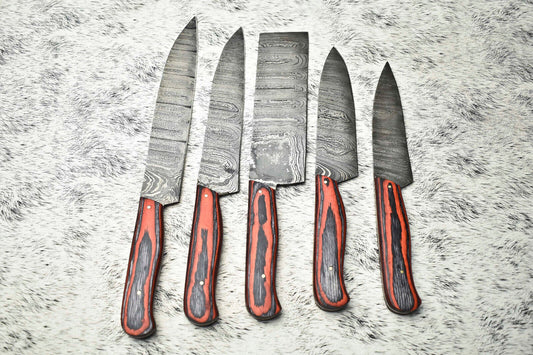 Lot of 5 Handmade Damascus Hammered Full Tang Chef Knives – Hardwood Set