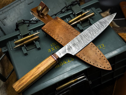 Handmade Damascus Steel Kitchen Chef Knife – Wood Handle, Fish Cut Blade, Leather Sheath