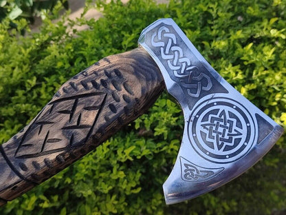 Handmade Viking Throwing Axe 18 Inch with Ashwood Carved Handle