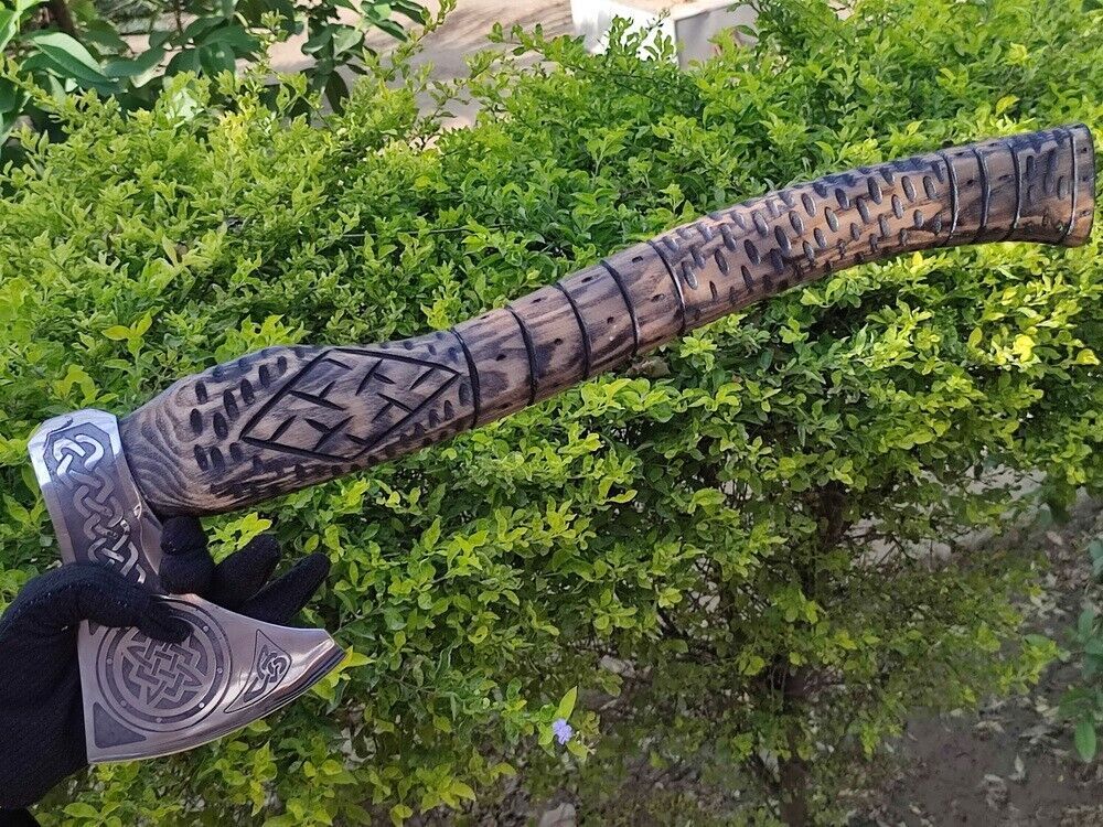 Handmade Viking Throwing Axe 18 Inch with Ashwood Carved Handle