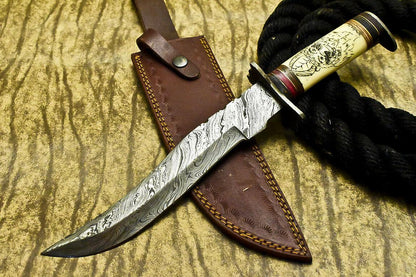 12.5" Handmade Damascus Steel Bowie Knife | Scrimshaw Camel Bone Handle