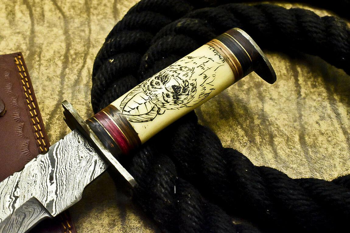 12.5" Handmade Damascus Steel Bowie Knife | Scrimshaw Camel Bone Handle