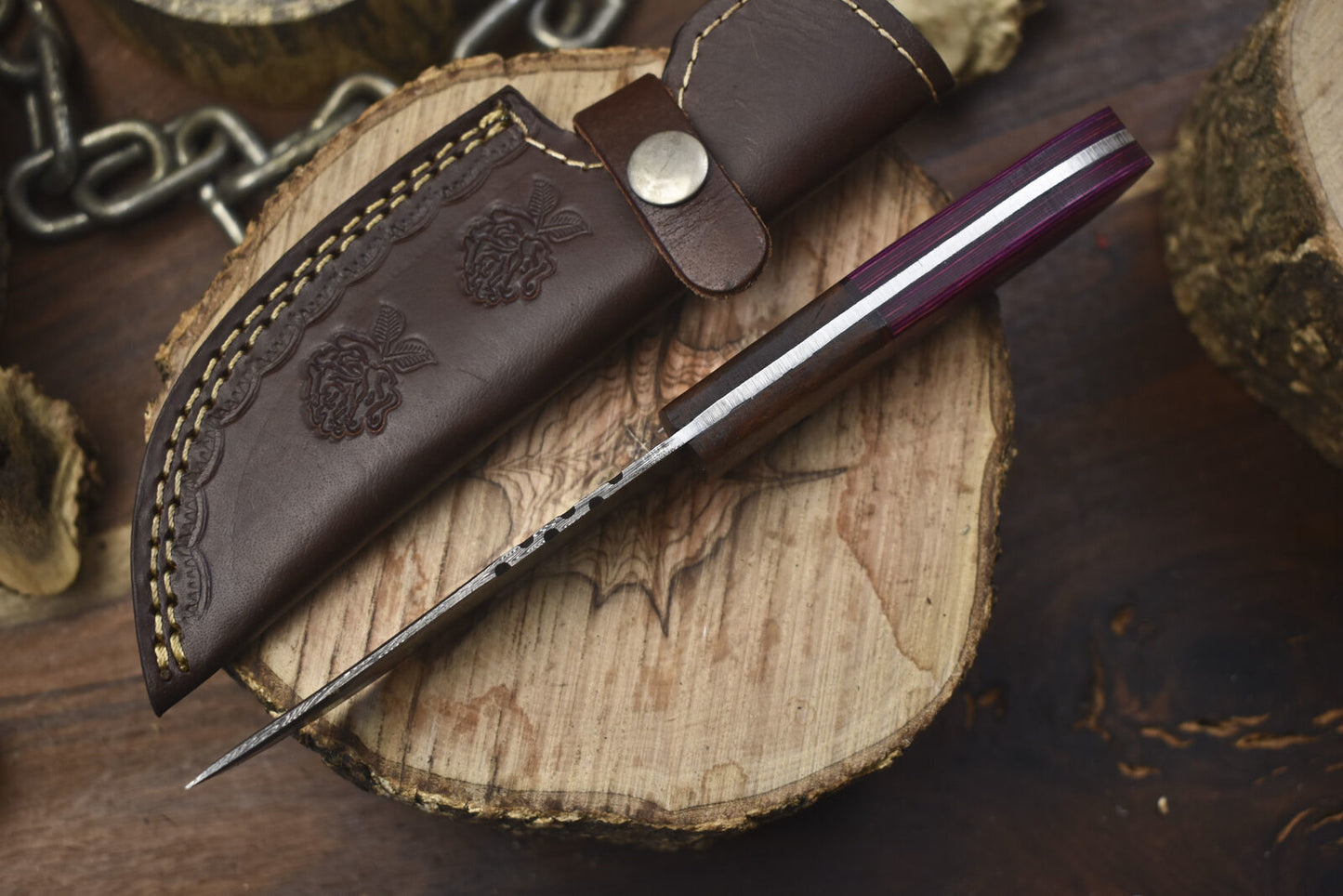 8" Hand Forged Twist Damascus Skinner Knife with Hard Wood Handle – Hunting Blade