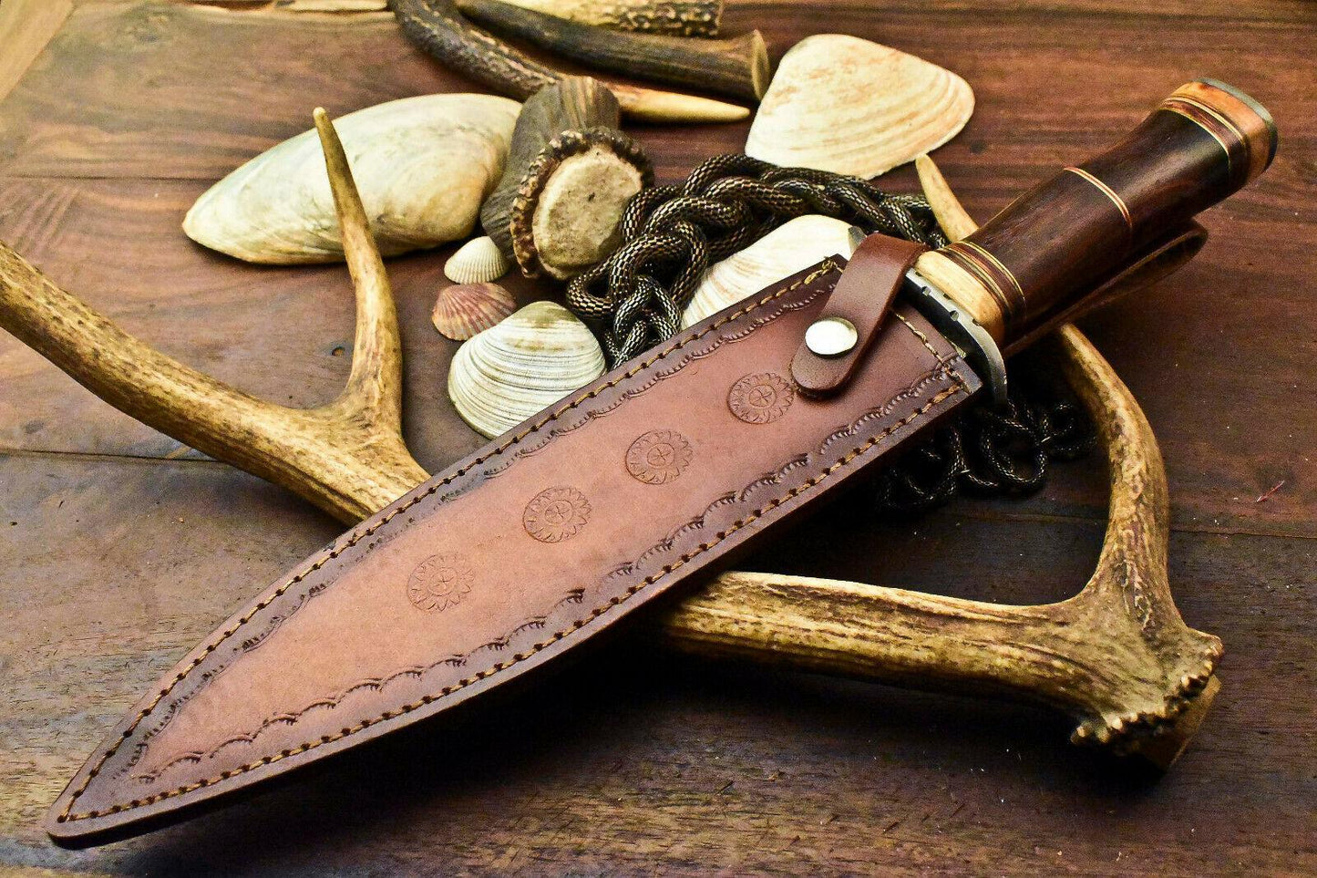 Damascus Steel Bowie Knife – 14" Walnut Wood Handle, Handmade Hunting Blade
