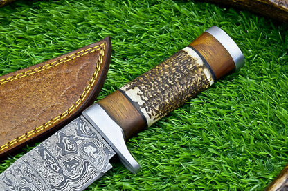 Heritage Forge Damascus Steel Bowie Knife with Stag Horn and Wood Handle