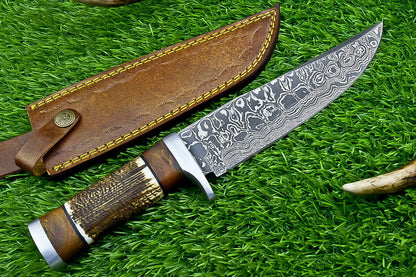 Heritage Forge 12" Damascus Steel Bowie Knife with Stag Horn and Wood Handle