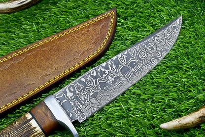 Heritage Forge 12" Damascus Steel Bowie Knife with Stag Horn and Wood Handle