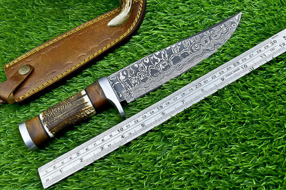Heritage Forge 12" Damascus Steel Bowie Knife with Stag Horn and Wood Handle
