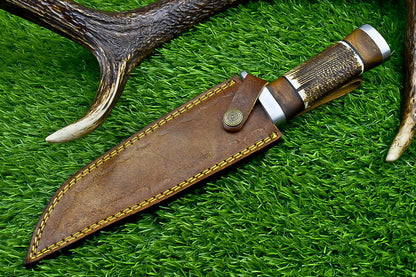 Heritage Forge Damascus Steel Bowie Knife with Stag Horn and Wood Handle