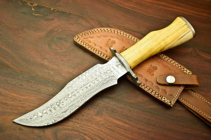 13" Handmade Damascus Bowie Knife | Olive Wood Handle