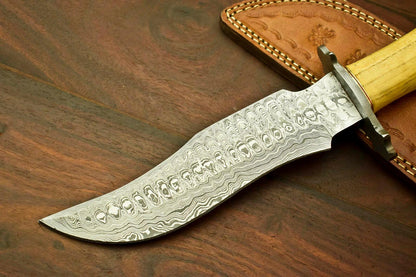 13" Handmade Damascus Bowie Knife | Olive Wood Handle