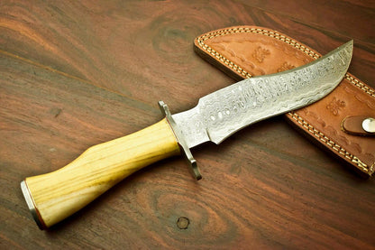 13" Handmade Damascus Bowie Knife | Olive Wood Handle