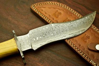 13" Handmade Damascus Bowie Knife | Olive Wood Handle