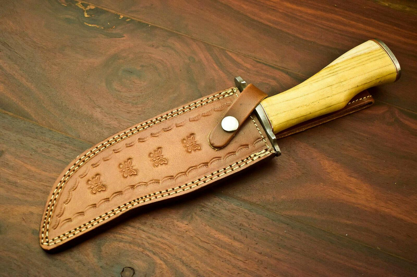 13" Handmade Damascus Bowie Knife | Olive Wood Handle