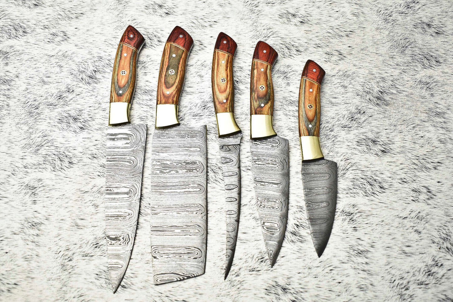 Lot of 5 Handmade Damascus Hammered Full Tang Chef Knives | Hard Wood