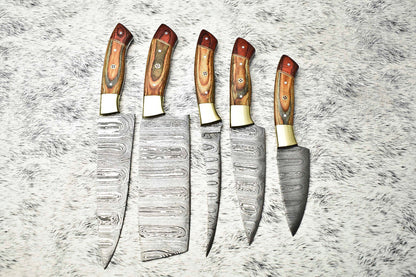 Lot of 5 Handmade Damascus Hammered Full Tang Chef Knives | Hard Wood