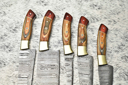 Lot of 5 Handmade Damascus Hammered Full Tang Chef Knives | Hard Wood