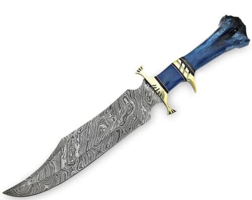 Custom Handmade Damascus Bowie Knife with Camel Bone Handle for Hunting and Camping