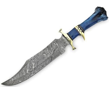 Custom Handmade Damascus Bowie Knife with Camel Bone Handle for Hunting and Camping