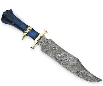 Custom Handmade Damascus Bowie Knife with Camel Bone Handle for Hunting and Camping