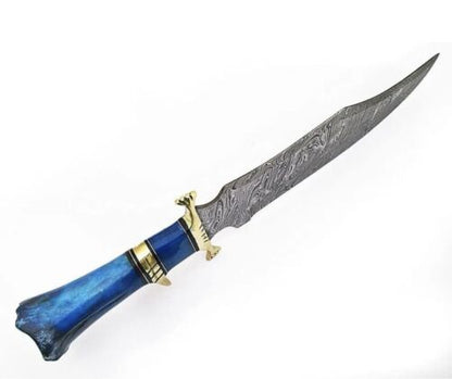 Custom Handmade Damascus Bowie Knife with Camel Bone Handle for Hunting and Camping