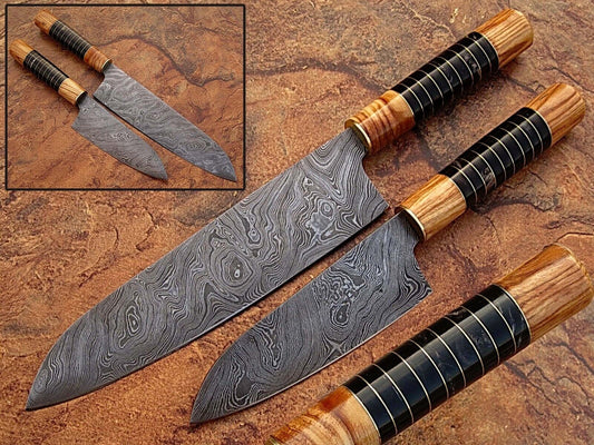 2-Piece Handmade Damascus Chef Knife Set – Olive Wood & Buffalo Horn, Full Tang Japanese Steel