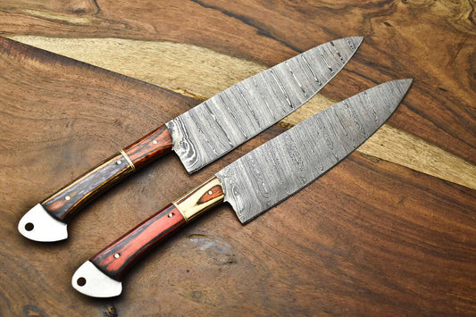 2-Piece Handmade Damascus Steel Chef Knife Set – Full Tang Kitchen Cutlery 