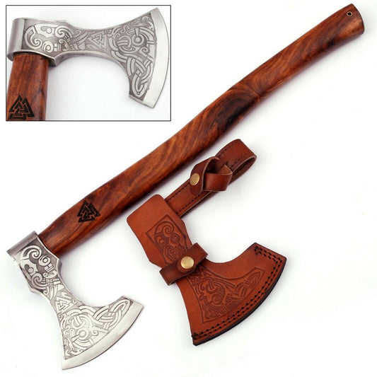 20.25" Hand Forged Carbon Steel Axe Viking Axe for Sale With Wood Handle & Leather Sheath