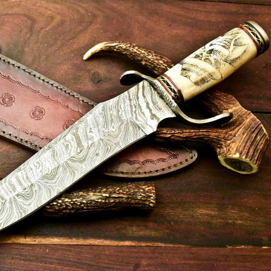 20” Custom Damascus Bowie Knife | Laser Etched Skull Blade & Leather Sheath