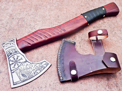 20” Hand Forged Steel Axe Viking Bearded Axe with Olive Wood Handle & Leather Sheath