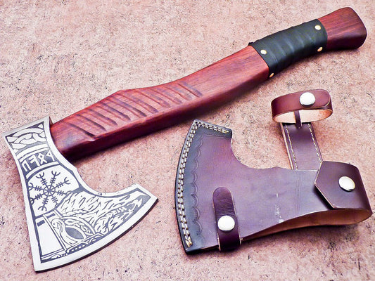 20” Hand Forged Steel Axe Viking Bearded Axe with Olive Wood Handle & Leather Sheath