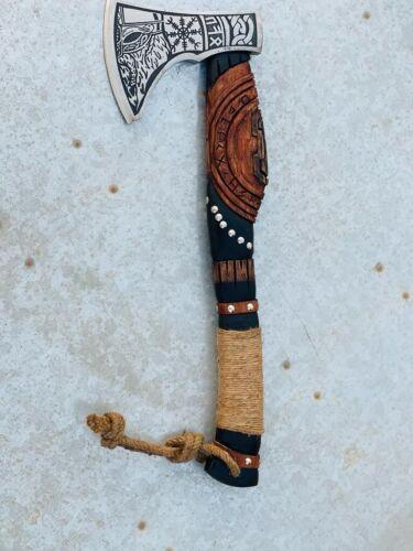 20" Hand Forged Viking Axe with Etched Carbon Steel Head and Wooden Handle