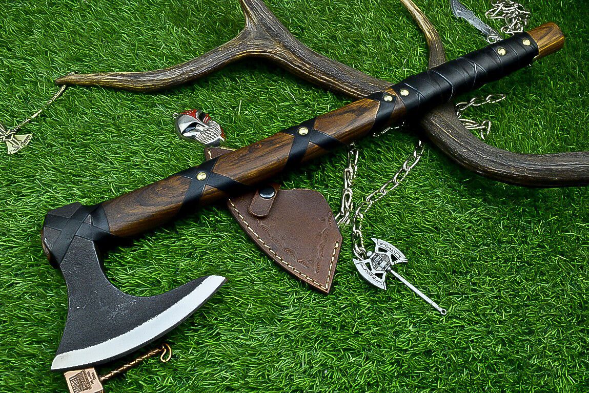20" Handcrafted High Carbon Steel Axe Viking Axe with Rosewood Handle & Leather Sheath