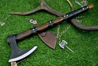 20" Handcrafted High Carbon Steel Axe Viking Axe with Rosewood Handle & Leather Sheath
