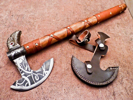 20 Inch Custom Handmade Viking Axe Steel Axe for Camping With Leather Sheath 