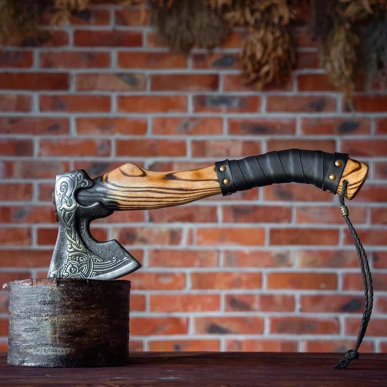 20 Inch Hand Forged Carbon Steel Axe Viking Axe with Wooden Handle & Leather Sheath