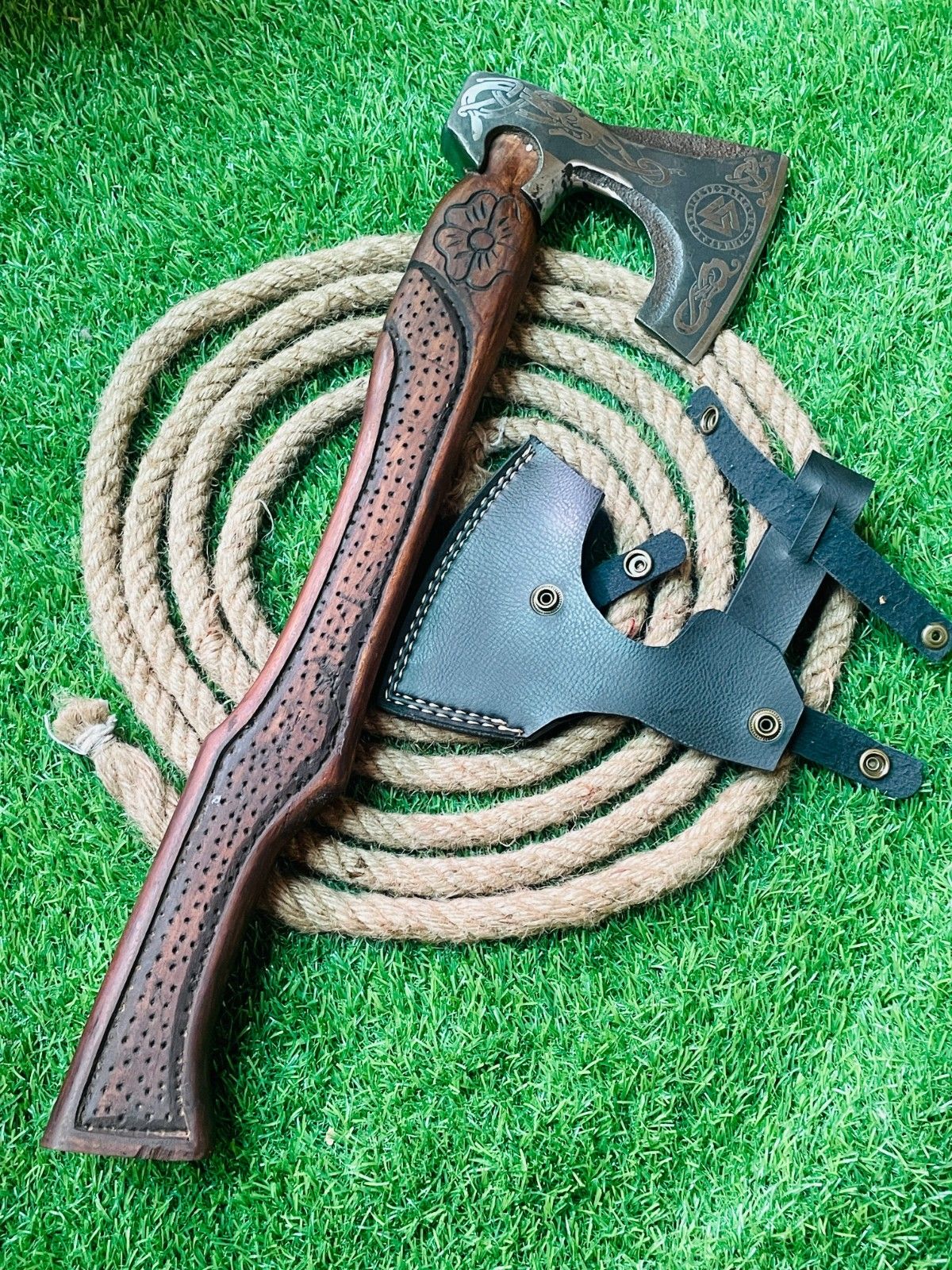 20 Inch Hand Forged Carbon Steel Axe Viking Bearded Axe with Wooden Handle & Sheath