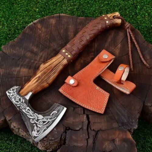 20 Inch Handmade Steel Axe Viking Throwing Axe With Natural Wood Handle & Sheath