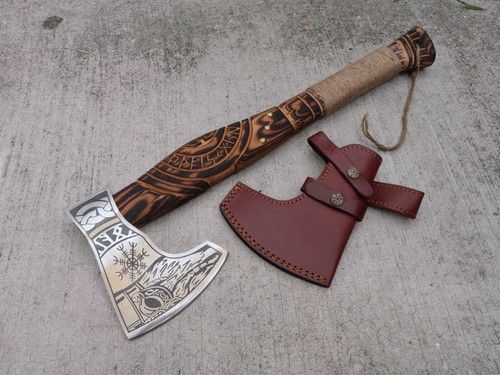 21" Hand Forged Carbon Steel Axe Viking Bearded Axe with Wooden Handle & Leather Sheath