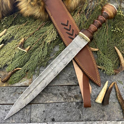 21" Handmade Damascus Steel Sword Bowie Knife For Sale with Wooden Handle & Sheath
