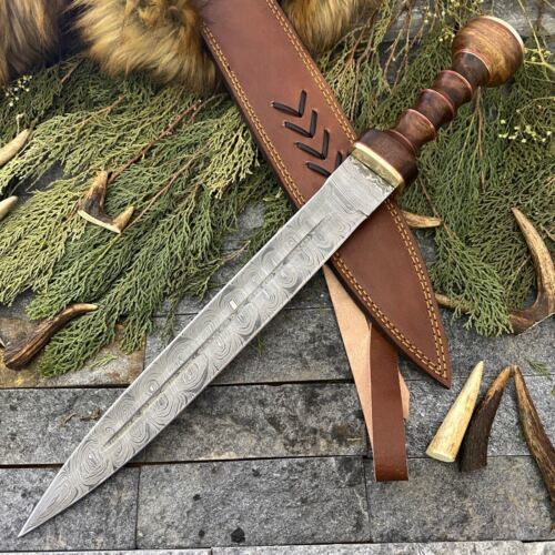 21" Handmade Damascus Steel Sword Bowie Knife For Sale with Wooden Handle & Sheath
