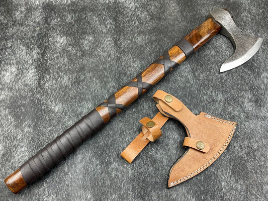 22" Handmade Carbon Steel Axe Viking Tomahawk Axe with Wood Handle & Leather Sheath
