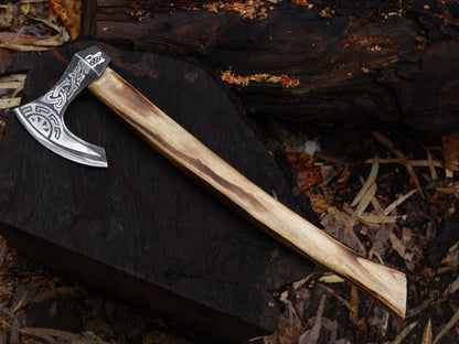 22" Handmade Steel Axe Viking Tomahawk Axe with Yellow Pine Ash Handle & Leather Sheath 