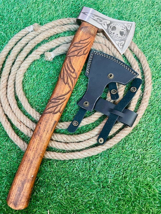 23" Engraved Carbon Steel Axe Viking Tomahawk Axe Wooden Handle & Leather Sheath