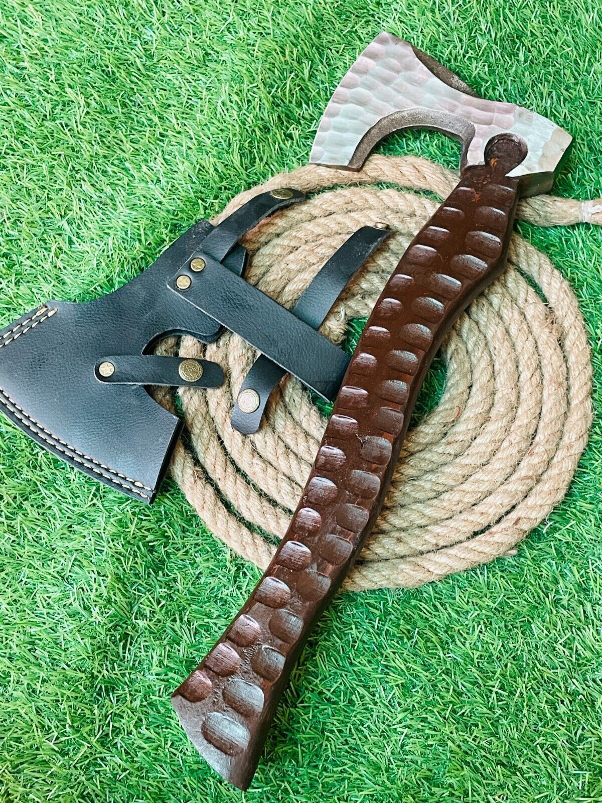 23" Handmade Forged Steel Axe Viking Bearded Axe with Wooden Handle and Leather Sheath