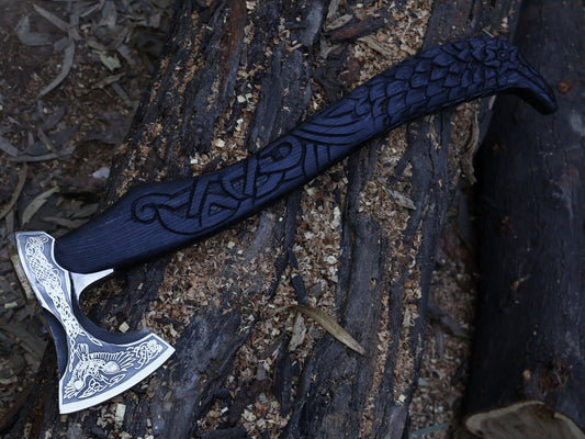 23" Handmade Steel Axe Viking Tomahawk Axe with Ash Wood Handle and Leather Sheath
