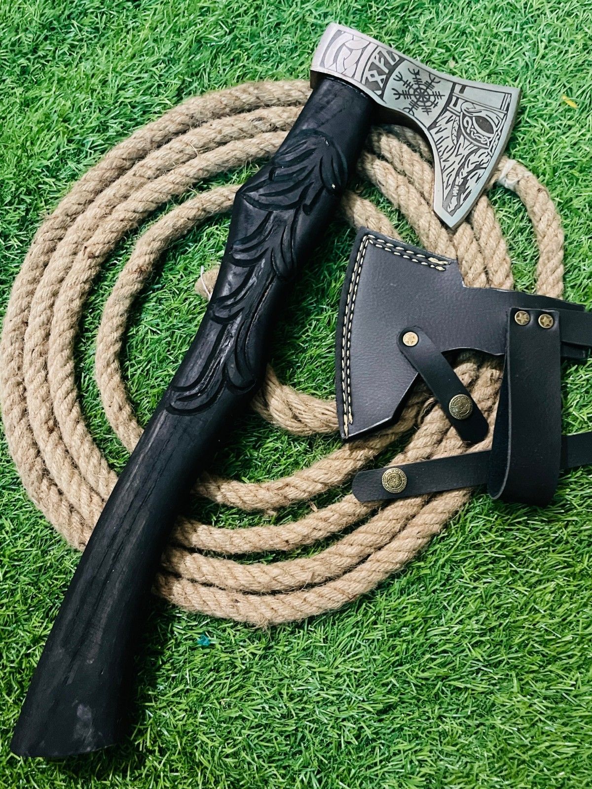 24" Hand Forged Carbon Steel Viking Tomahawk Bearded Integral Axe with Wooden Handle and Leather Sheath