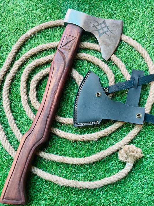 24 Inch Hand Forged Carbon Steel Axe Viking Tomahawk Axe with Wooden Handle & Sheath